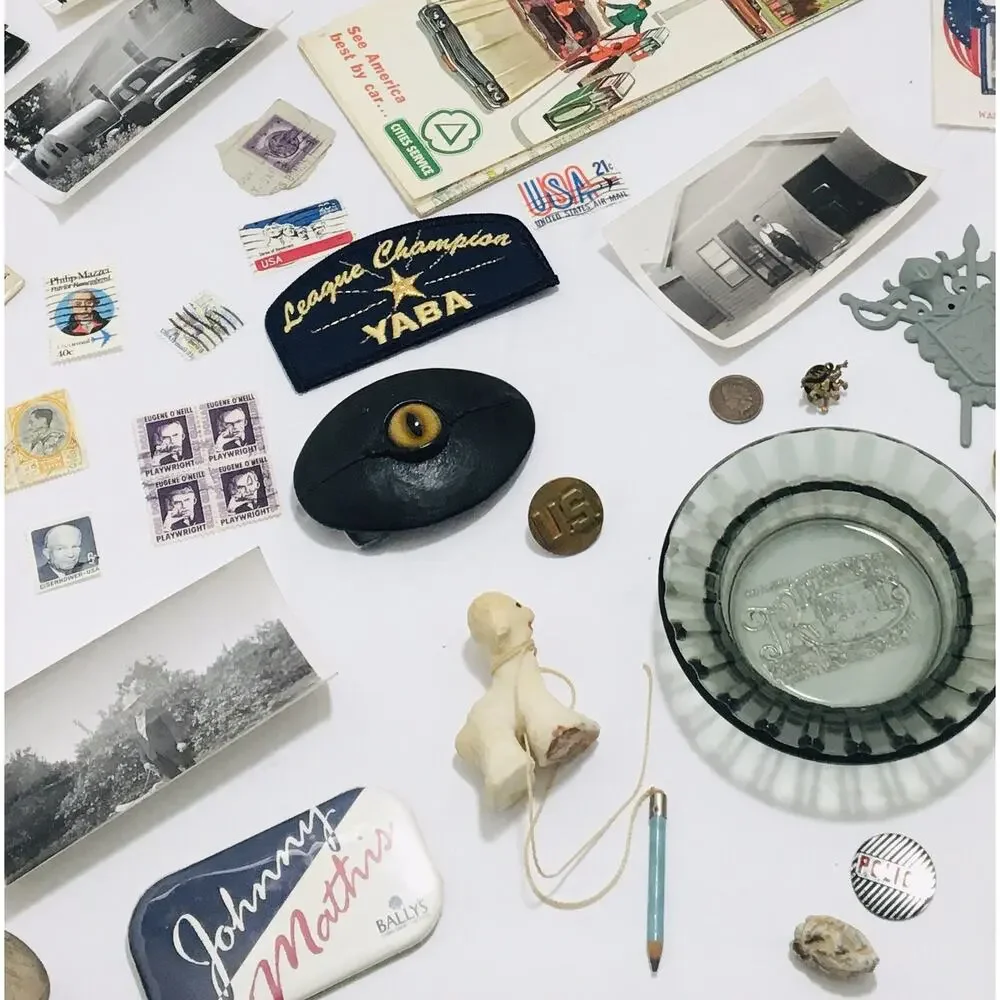 JUNK DRAWER LOT MAP OLD PHOTOS PINS PATCHES BUTTONS STAMPS SPOONS COIN CIVIL WAR